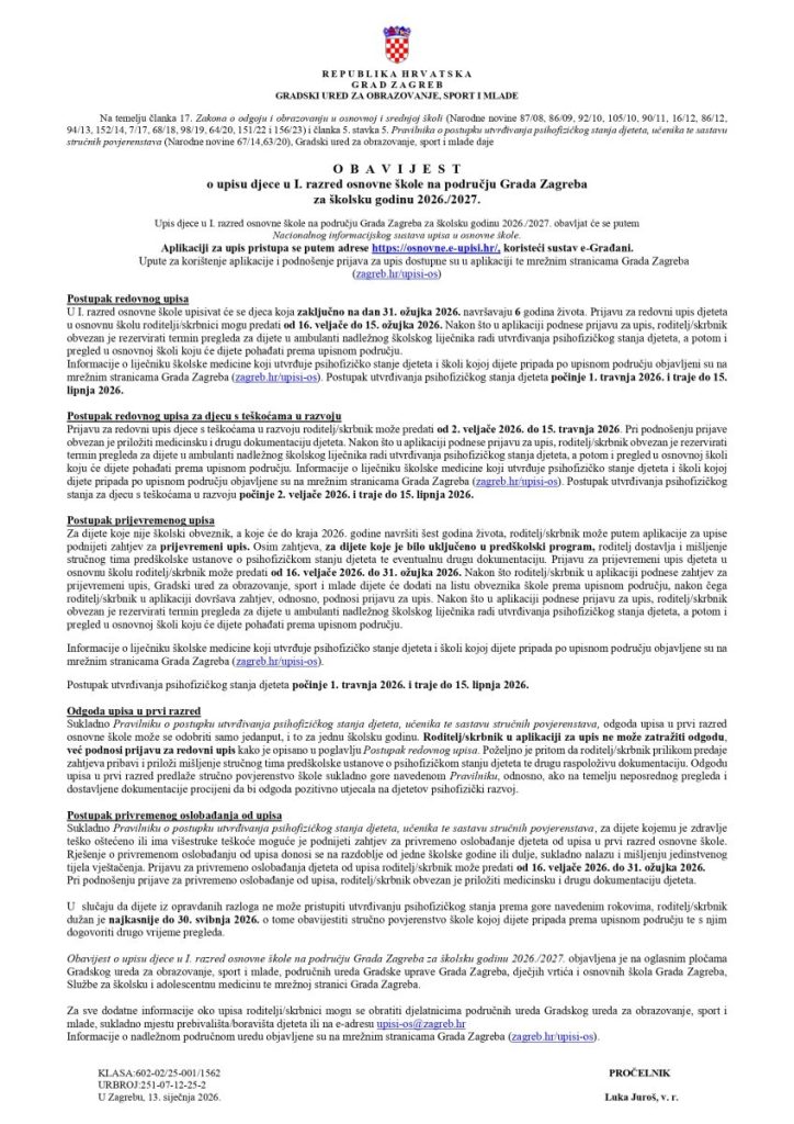 Obavijest o upisu djece u I. razred osnovne škole za školsku godinu 2026./2027.